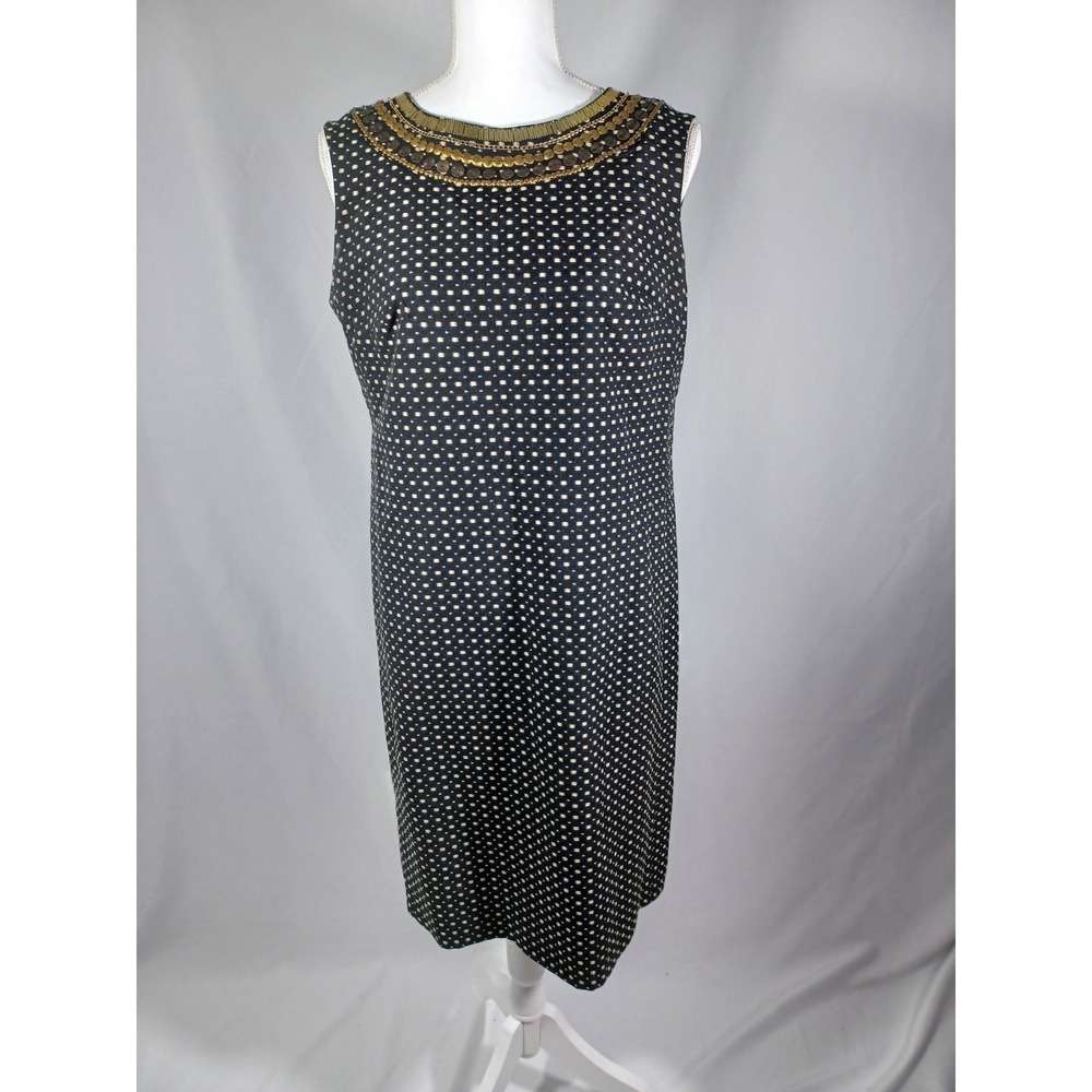 Jones New York Dress‎ Womens Size 8 Black Polka Dot Beaded Neck Sleeveless Shift